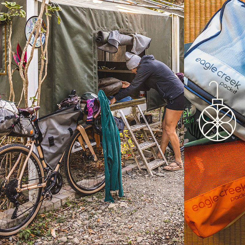 A woman gets ready for a bicycle adventure