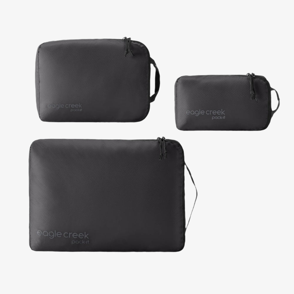 Three black Eagle Creek Pack-It Isolate packing cubes