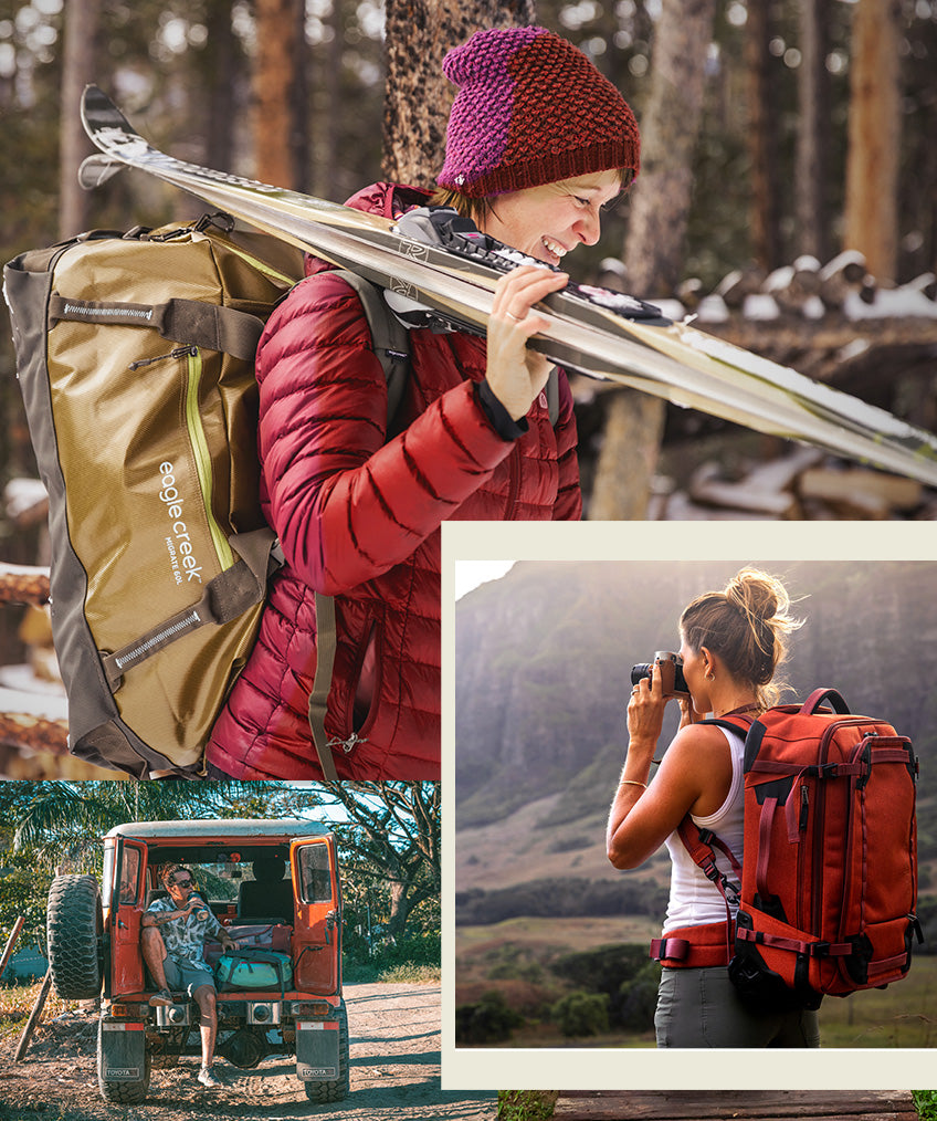 A collage of adventurers enjoying Eagle Creek Luggage and Duffel Bags