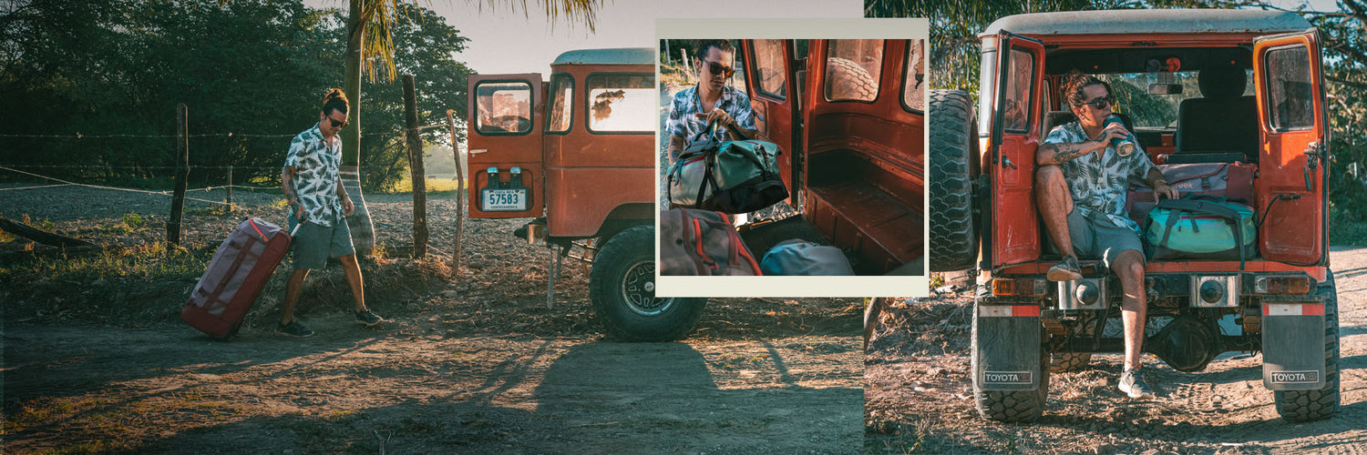 A collage of a person on the beach with a truck and Eagle Creek duffel bags