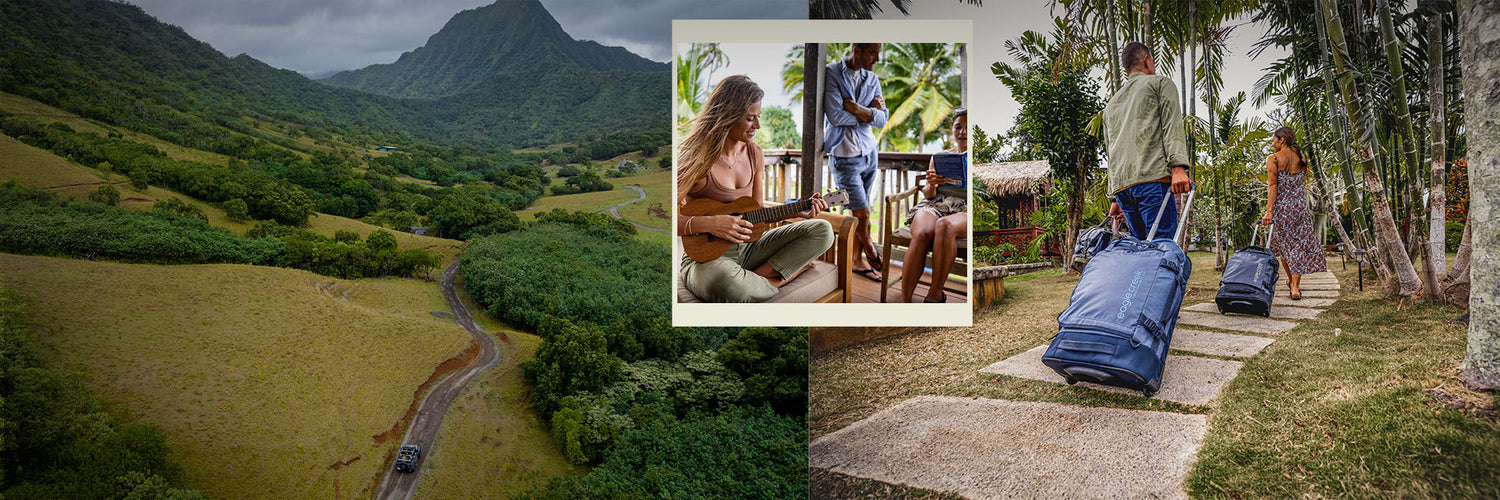 Collage of travelers and musicians in Hawaii with Eagle Creek Luggage