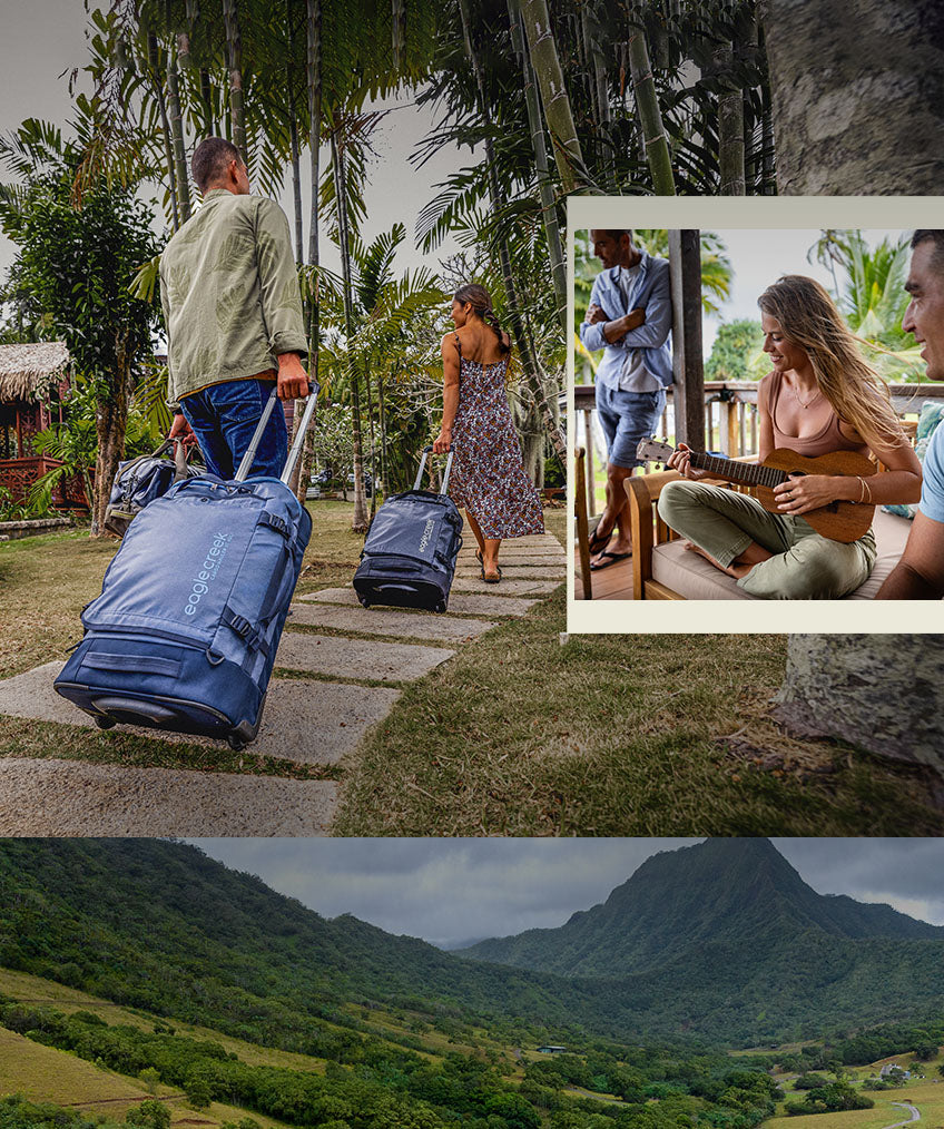 Collage of travelers and musicians in Hawaii with Eagle Creek Luggage