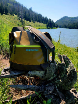 Brown Eagle Creek tote bag on a log by a lake