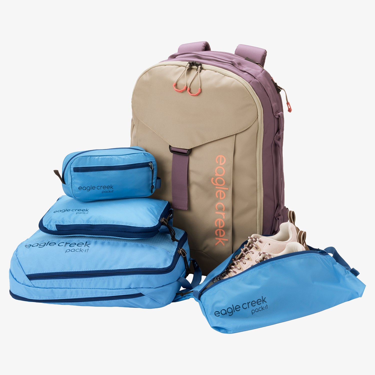 Propped Eagle Creek Travel Backpack and Packing Cubes Set